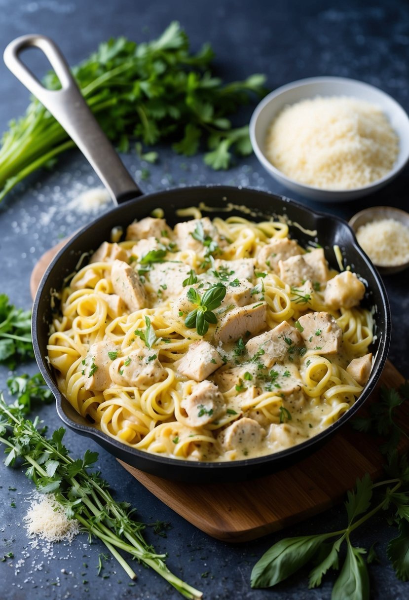 A bubbling skillet filled with creamy chicken Alfredo pasta, surrounded by fresh herbs and grated Parmesan