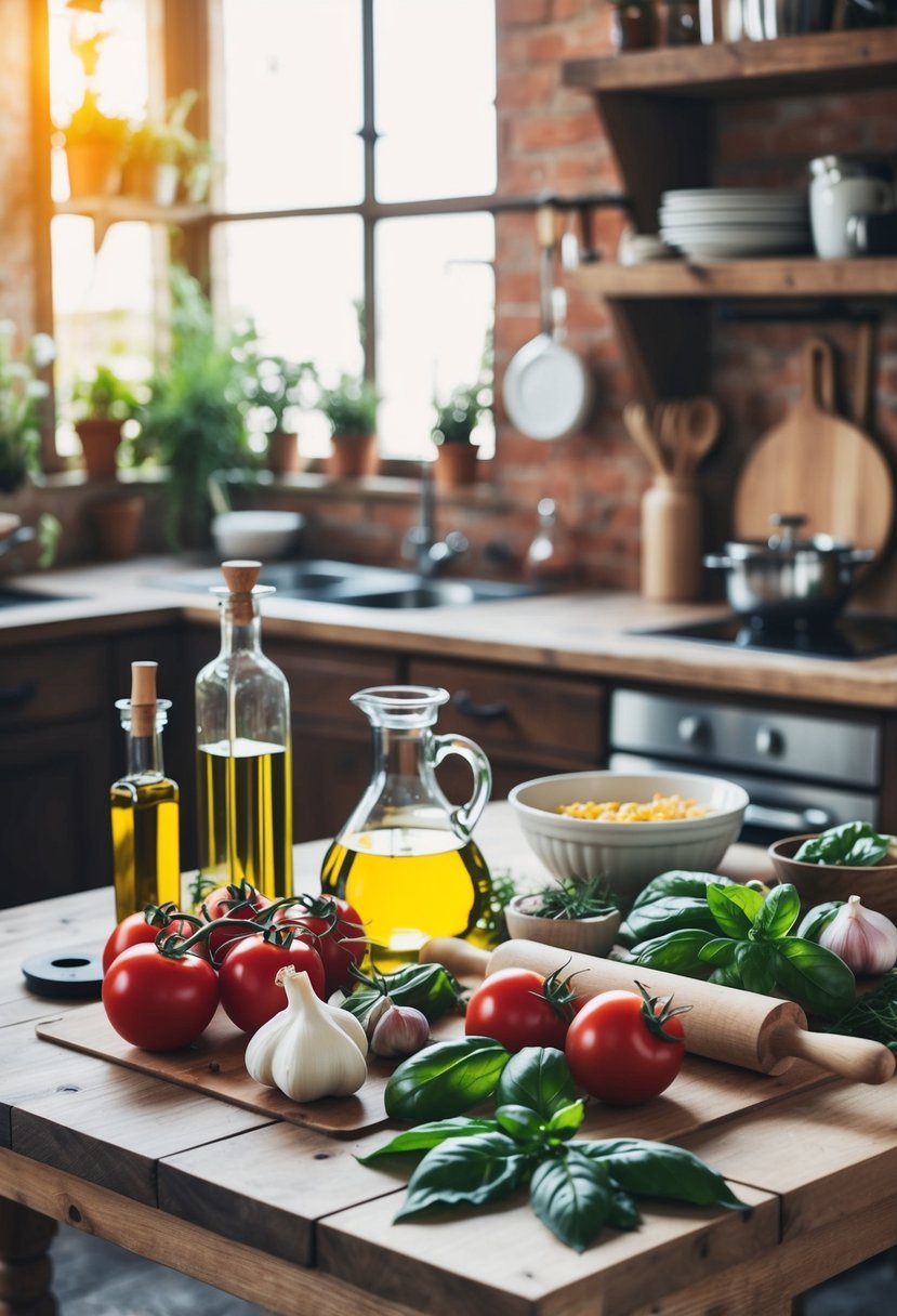 A rustic kitchen with a wooden table covered in various European ingredients and cooking utensils, including olive oil, tomatoes, garlic, basil, and a rolling pin