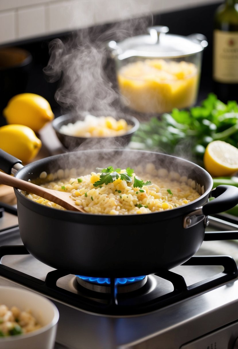 A steaming pot of lemon pepper chicken risotto simmering on a stovetop, surrounded by fresh ingredients and a wooden spoon