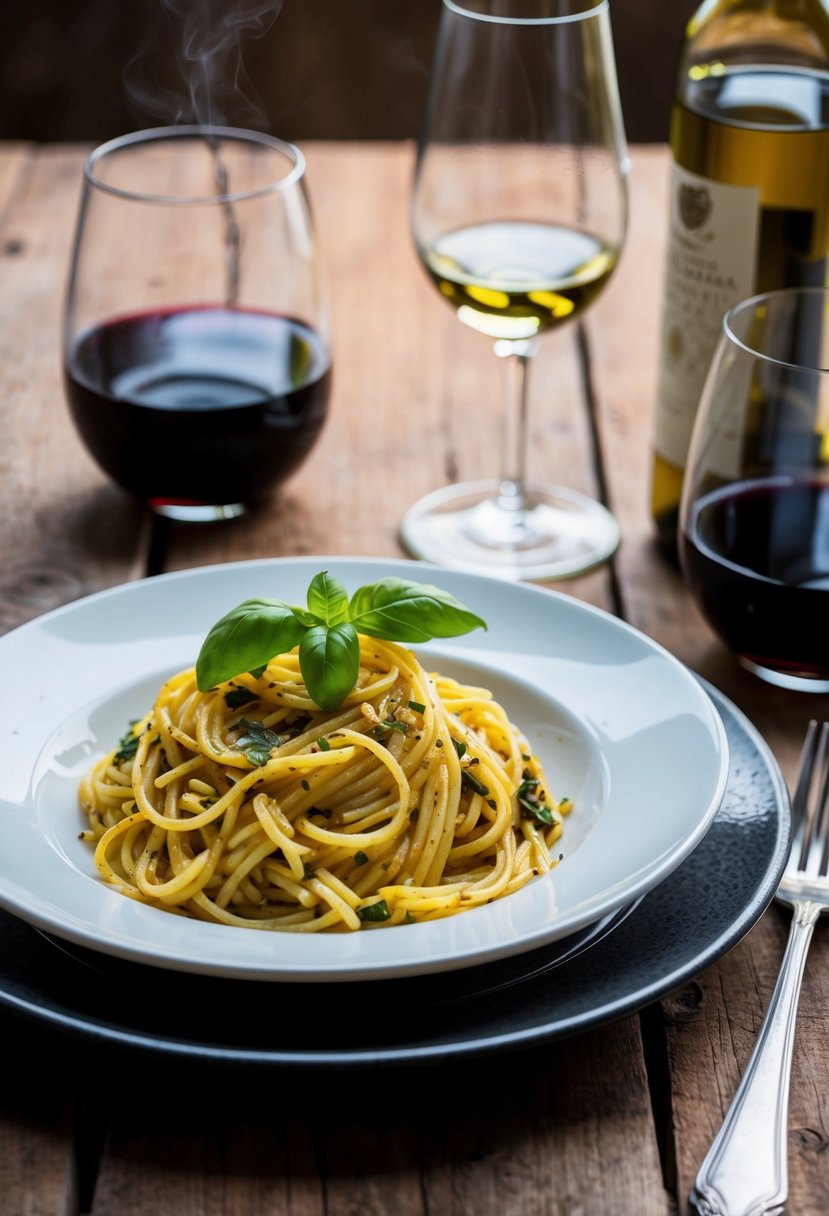 A rustic table set with a steaming plate of spaghetti Aglio e Olio, accompanied by a glass of wine and a sprig of fresh basil