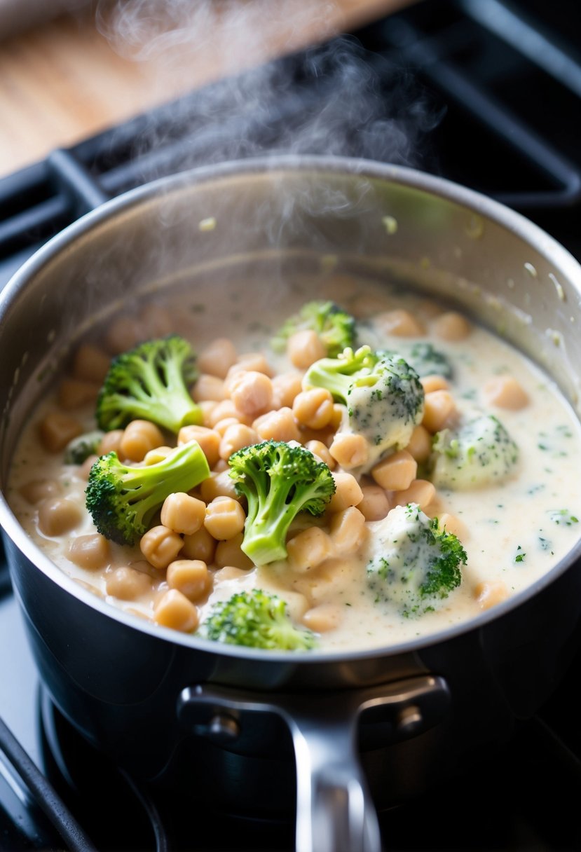 A steaming pot filled with creamy chickpea and broccoli alfredo sauce, simmering on a stovetop