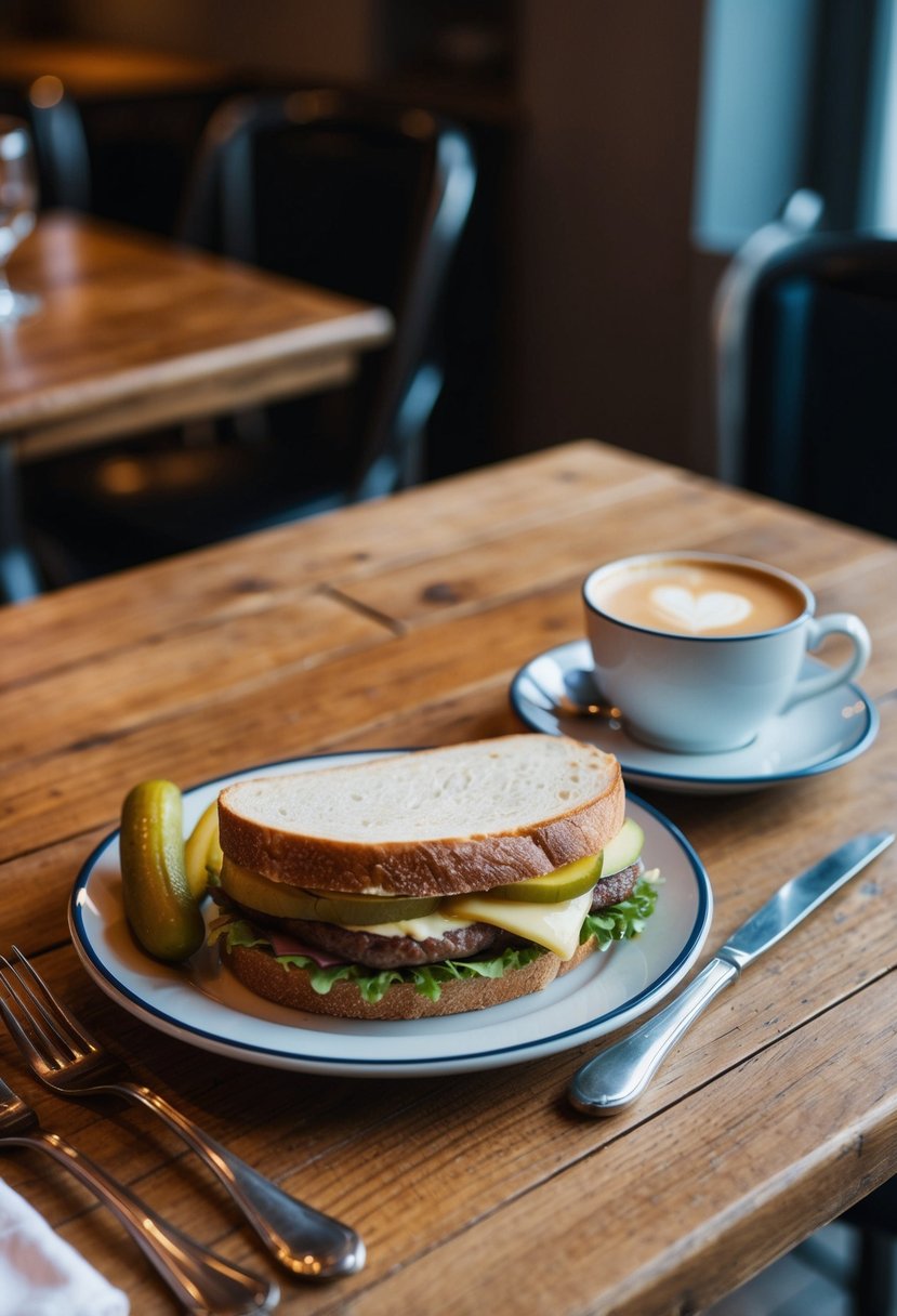 A cozy French bistro with a rustic wooden table set with a classic Croque Monsieur sandwich, a cup of coffee, and a side of pickles