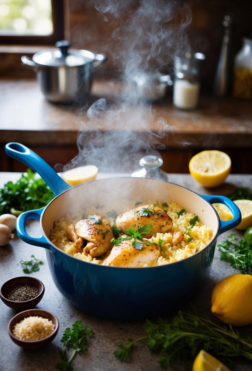 A steaming pot of Greek chicken and lemon rice, surrounded by fresh ingredients and herbs on a rustic kitchen counter