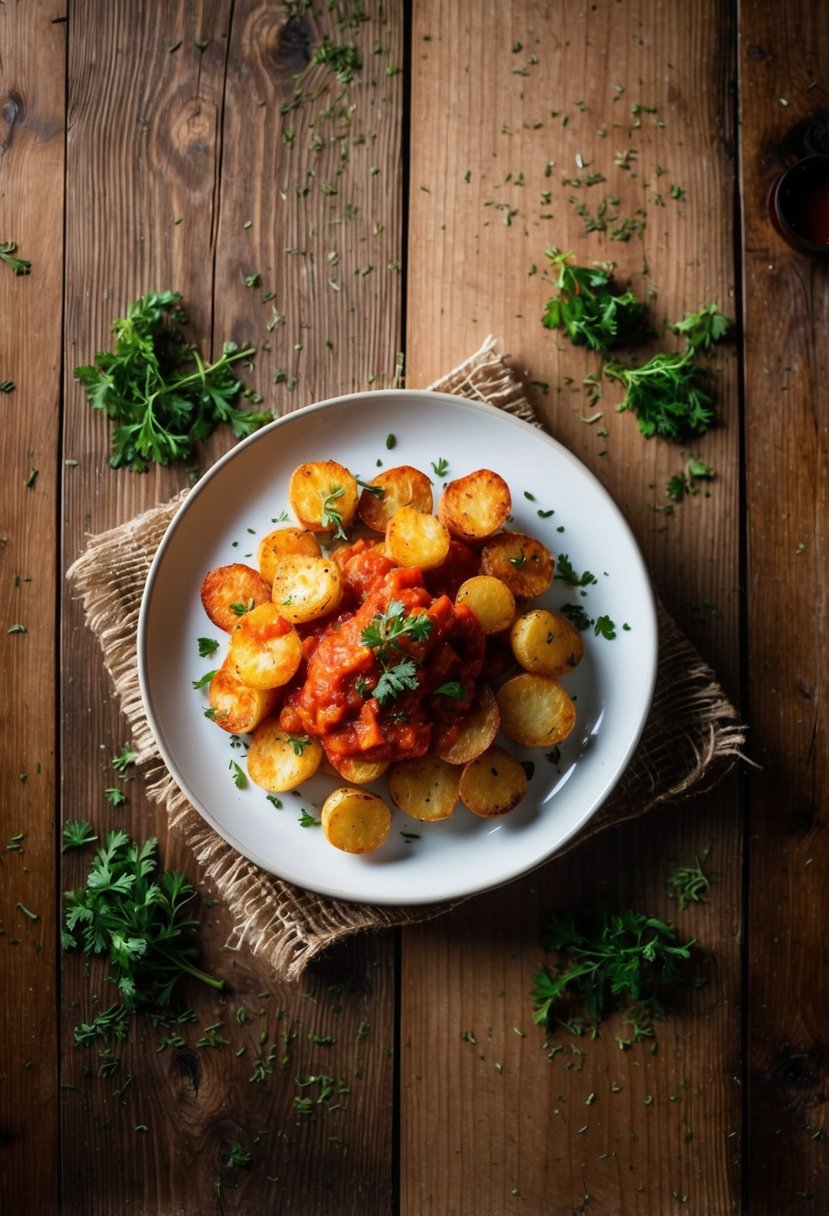 A rustic wooden table with a plate of golden, crispy patatas bravas topped with a spicy tomato sauce, surrounded by scattered herbs and spices