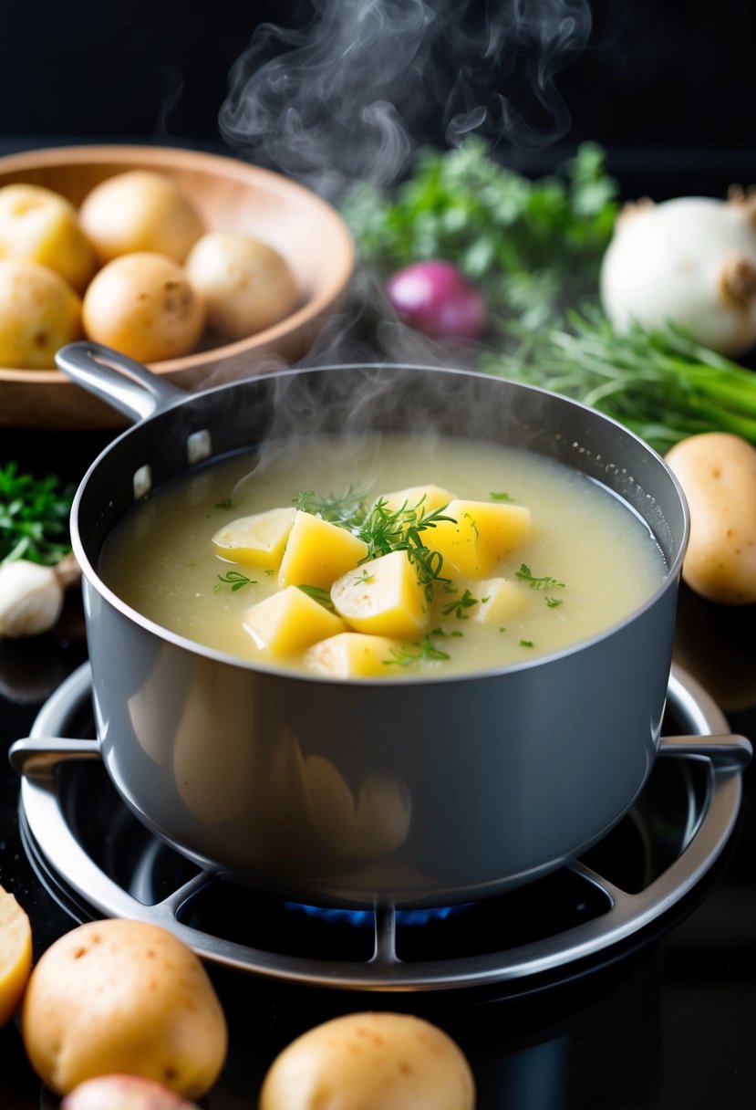 A steaming pot of potato soup simmering on a stovetop, surrounded by fresh ingredients like potatoes, onions, and herbs