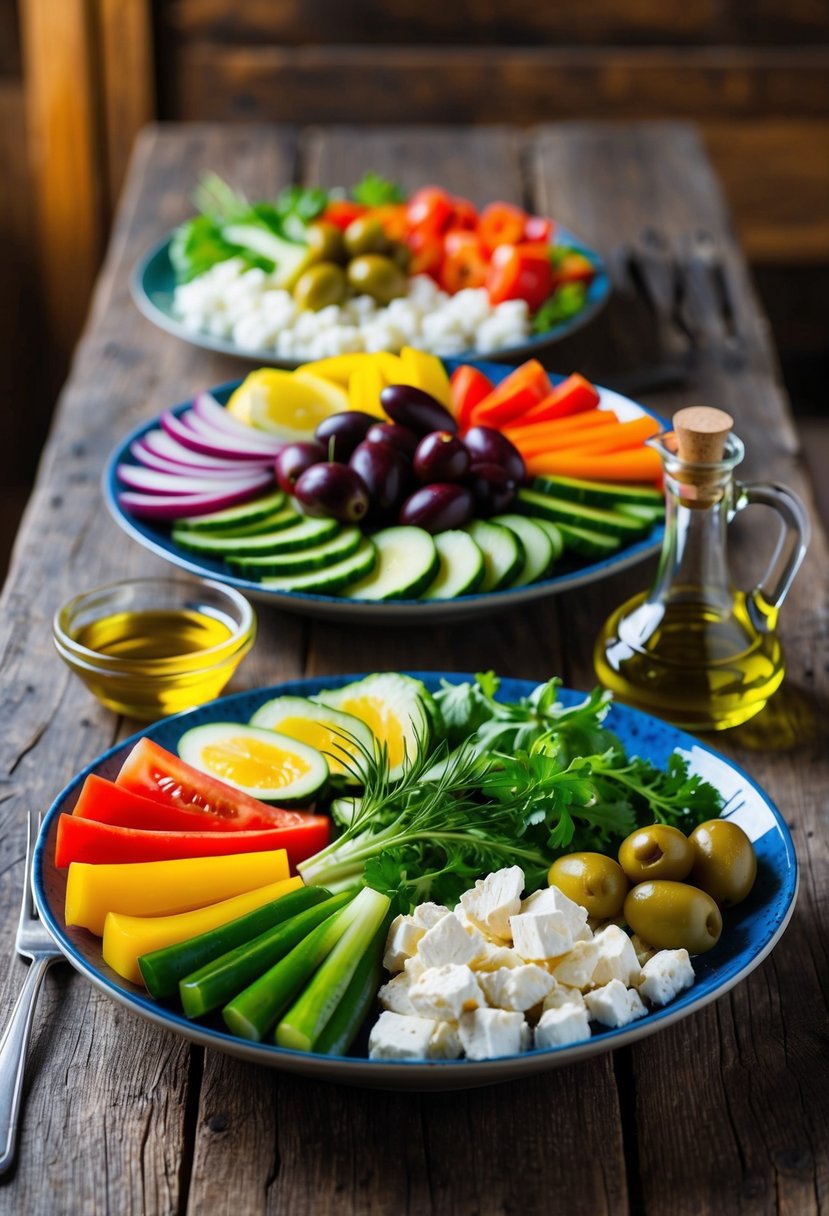 A rustic wooden table with a colorful array of fresh vegetables, feta cheese, olives, and olive oil, all arranged to create a vibrant and appetizing Horiatiki salad