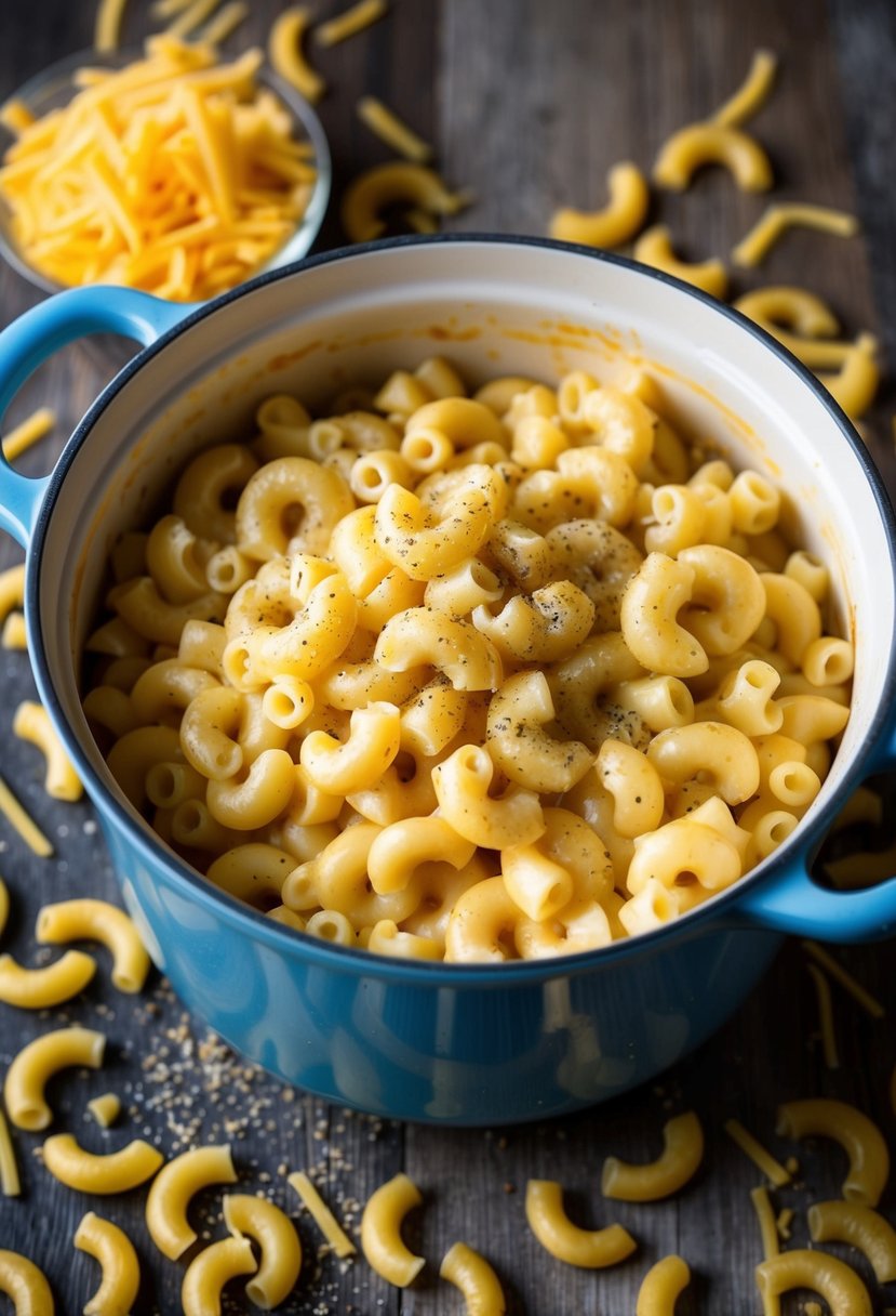 A bubbling pot of creamy macaroni and cheese, surrounded by scattered cheese shreds and a sprinkle of black pepper