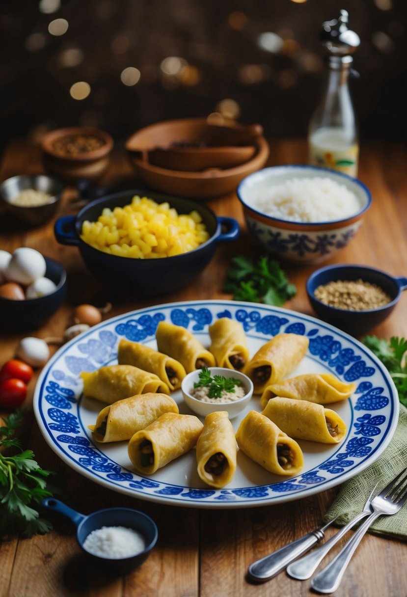 A table set with traditional Lithuanian Cepelinai, surrounded by ingredients and cooking utensils