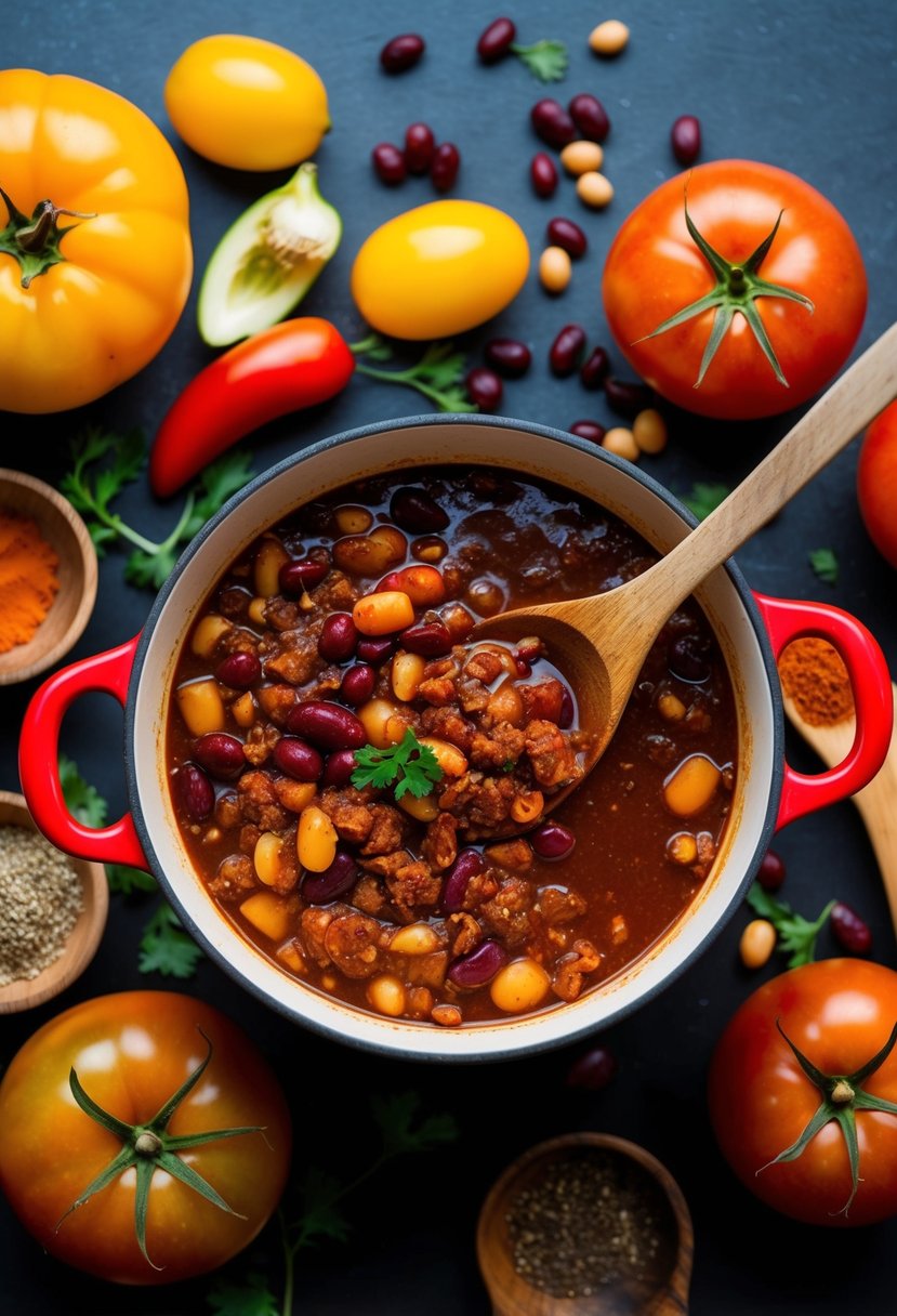 A bubbling pot of chili surrounded by colorful ingredients like beans, tomatoes, and spices. A wooden spoon rests on the edge of the pot