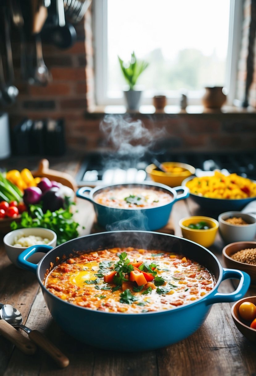 A rustic kitchen with a bubbling pot of Shakshuka surrounded by colorful ingredients and cooking utensils