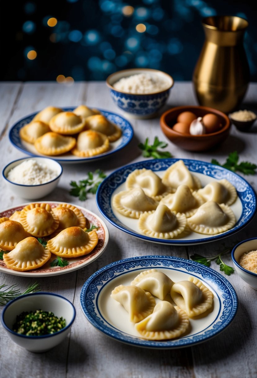 A table set with a variety of Polish pierogi, accompanied by traditional European recipe ingredients