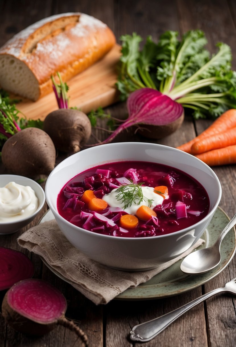 A steaming bowl of Russian Borscht sits on a rustic wooden table, surrounded by fresh beets, carrots, and cabbage. A loaf of crusty bread and a dollop of sour cream complete the scene