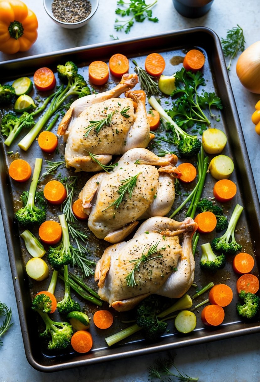 A sheet pan with miso chicken, surrounded by assorted vegetables, fresh herbs, and seasonings, ready for roasting in the oven