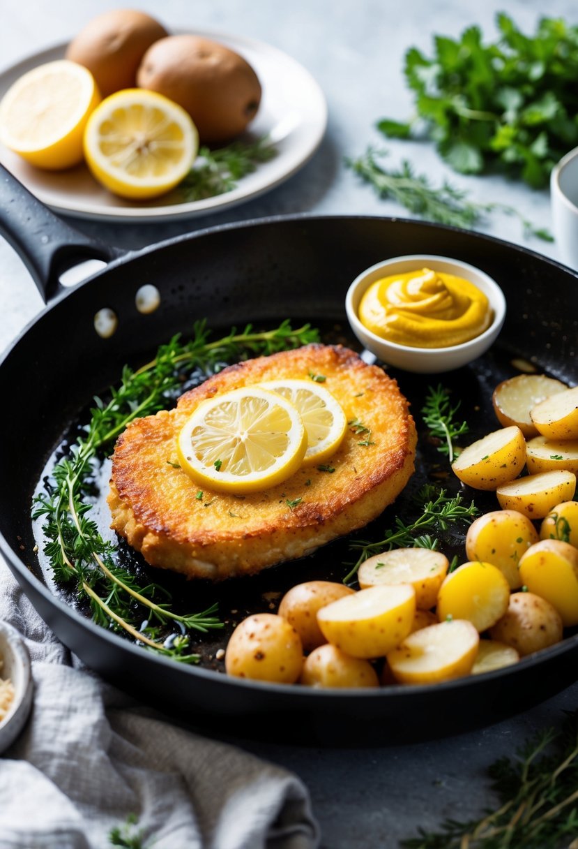 A golden-brown schnitzel sizzling in a skillet, surrounded by fresh herbs and lemon slices, with a side of crispy potatoes and a dollop of tangy mustard