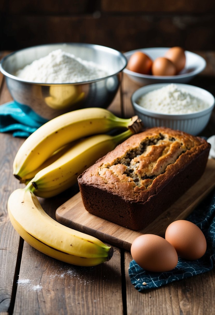 A rustic kitchen with a mixing bowl, ripe bananas, flour, eggs, and a loaf of freshly baked banana bread on a wooden table