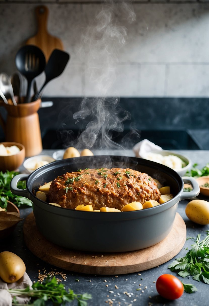 A rustic kitchen counter with a steaming one-pot dish of meatloaf and potatoes, surrounded by scattered cooking utensils and fresh ingredients