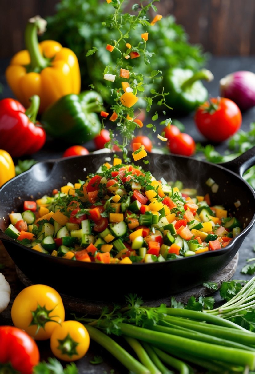 A colorful array of freshly chopped vegetables sizzling in a skillet, emitting a mouthwatering aroma of herbs and spices