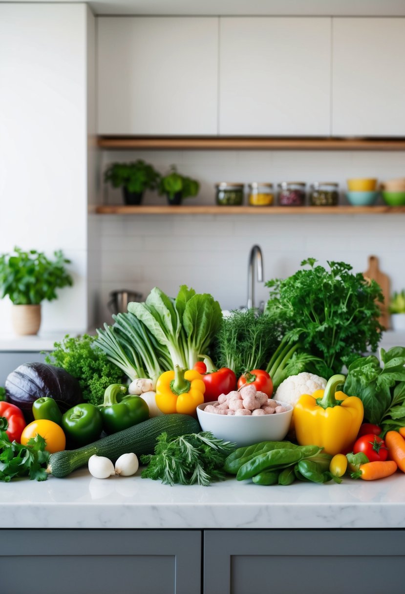 A colorful array of fresh vegetables, herbs, and lean proteins arranged on a clean, modern kitchen counter