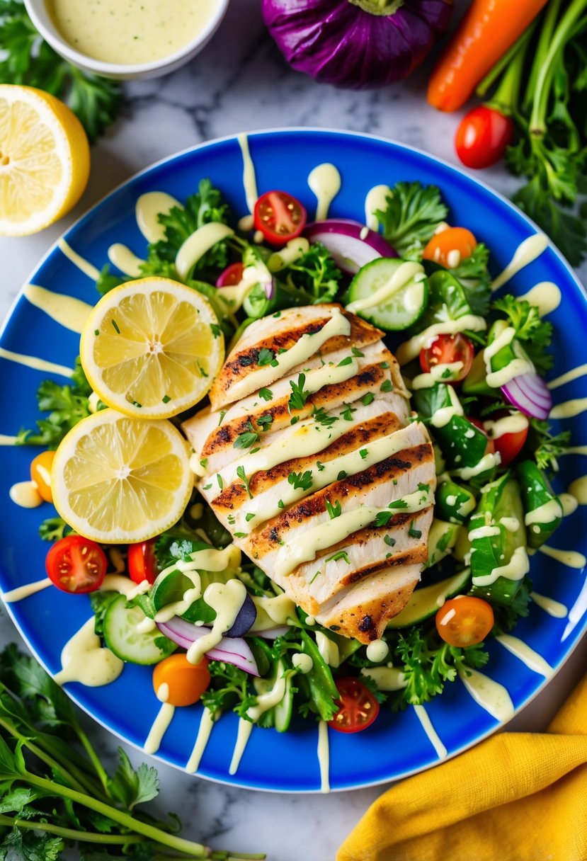 A colorful plate with grilled lemon herb chicken salad, surrounded by vibrant vegetables and drizzled with dressing