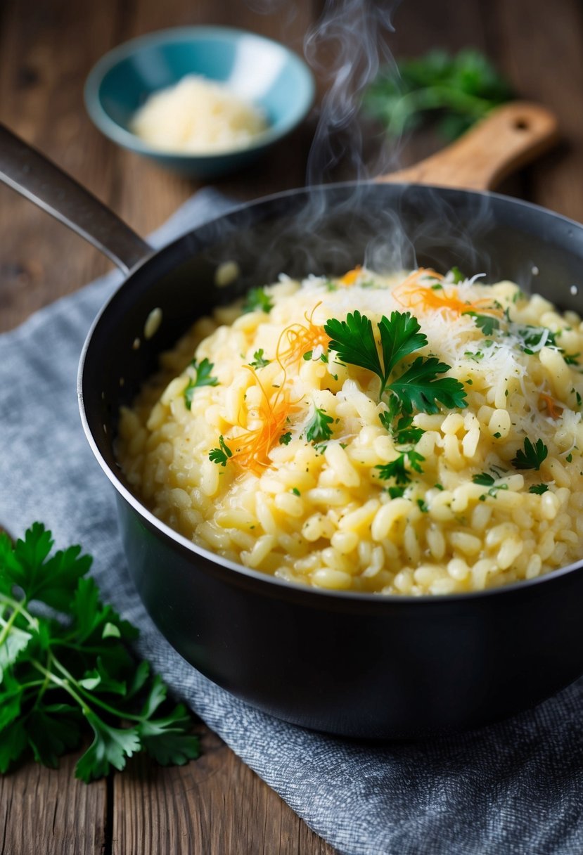 A steaming pot of creamy risotto with saffron, Parmesan, and a sprinkle of parsley, sitting on a rustic wooden table