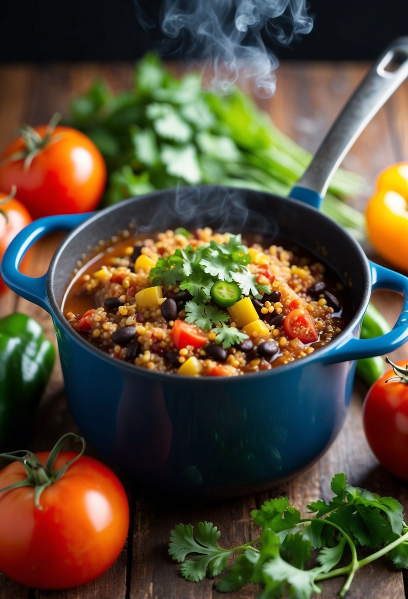 A steaming pot of quinoa and black bean chili surrounded by fresh ingredients like tomatoes, peppers, and cilantro