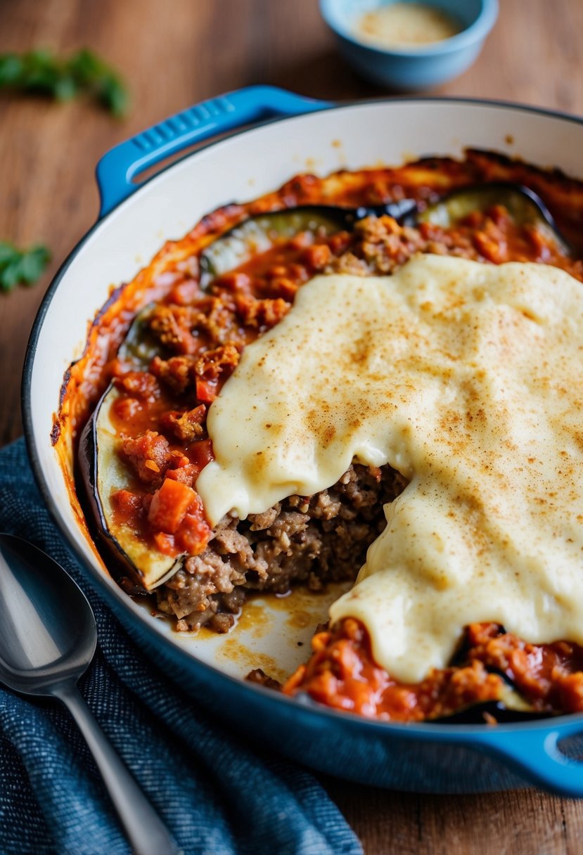 A bubbling casserole dish of Greek moussaka, layered with eggplant, minced meat, and creamy béchamel sauce, sprinkled with a dusting of nutmeg