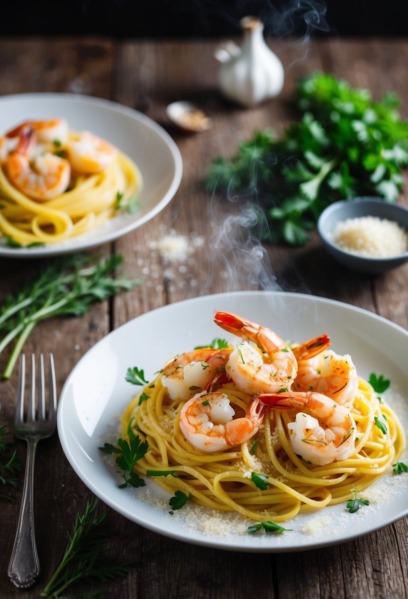 A steaming plate of garlic butter shrimp pasta, surrounded by fresh herbs and a sprinkle of parmesan, sits on a rustic wooden table