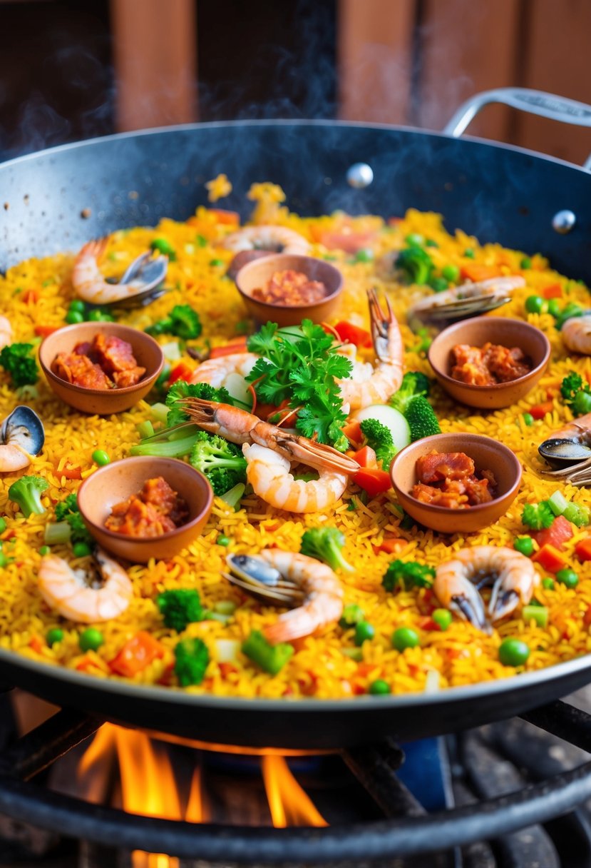 A colorful array of ingredients - saffron-infused rice, seafood, chorizo, and vegetables - sizzling in a large paella pan over an open flame