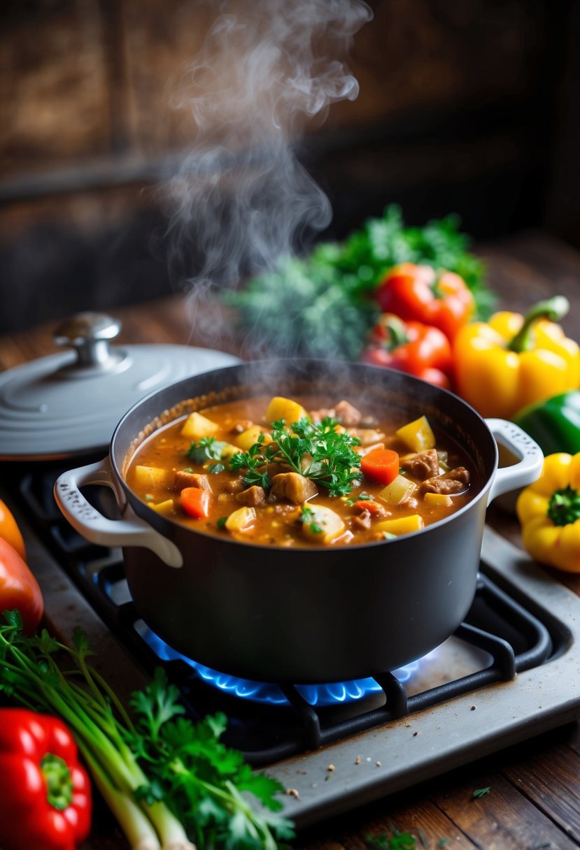 A steaming pot of Hungarian Goulash simmers on a rustic stove, surrounded by colorful vegetables and herbs