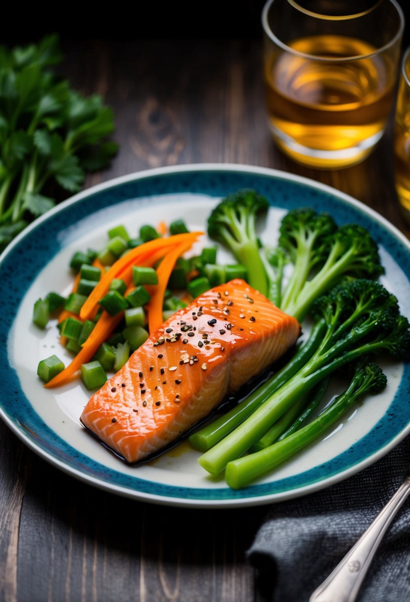 A plate of miso glazed salmon with a side of vibrant green vegetables, arranged in an appetizing and visually appealing manner