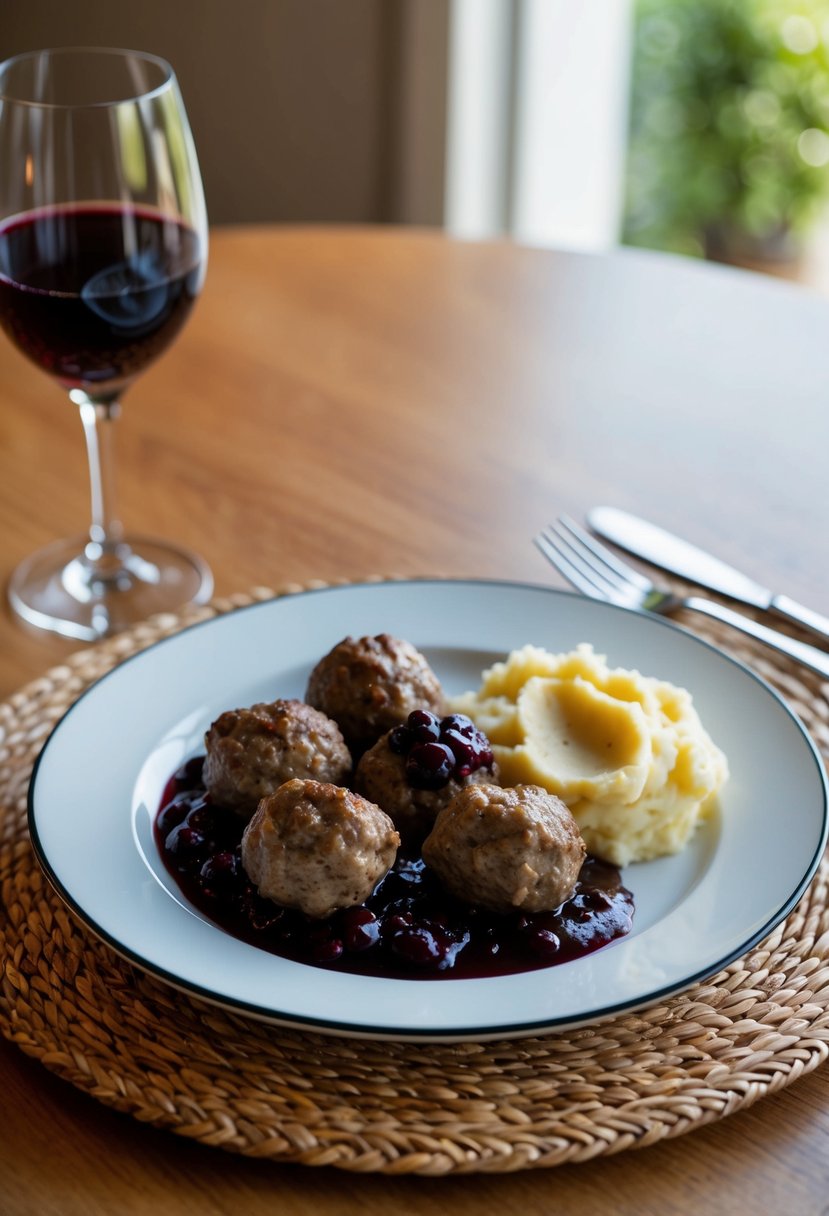 A table set with a plate of Swedish meatballs, lingonberry sauce, and a side of mashed potatoes, accompanied by a glass of red wine