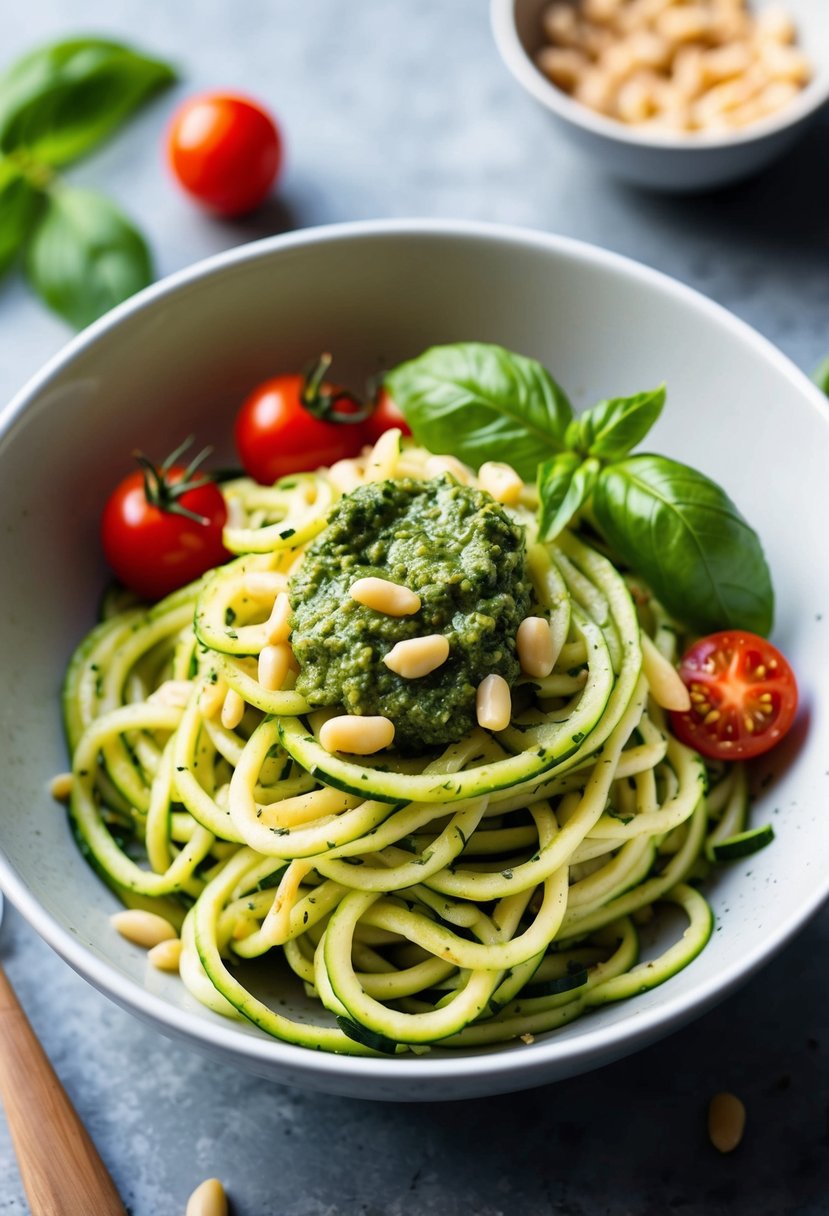 A bowl of zucchini noodles topped with pesto sauce and garnished with fresh basil leaves, cherry tomatoes, and pine nuts