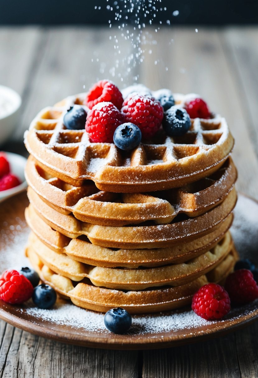 A stack of warm Belgian Liege waffles topped with powdered sugar and fresh berries on a rustic wooden plate