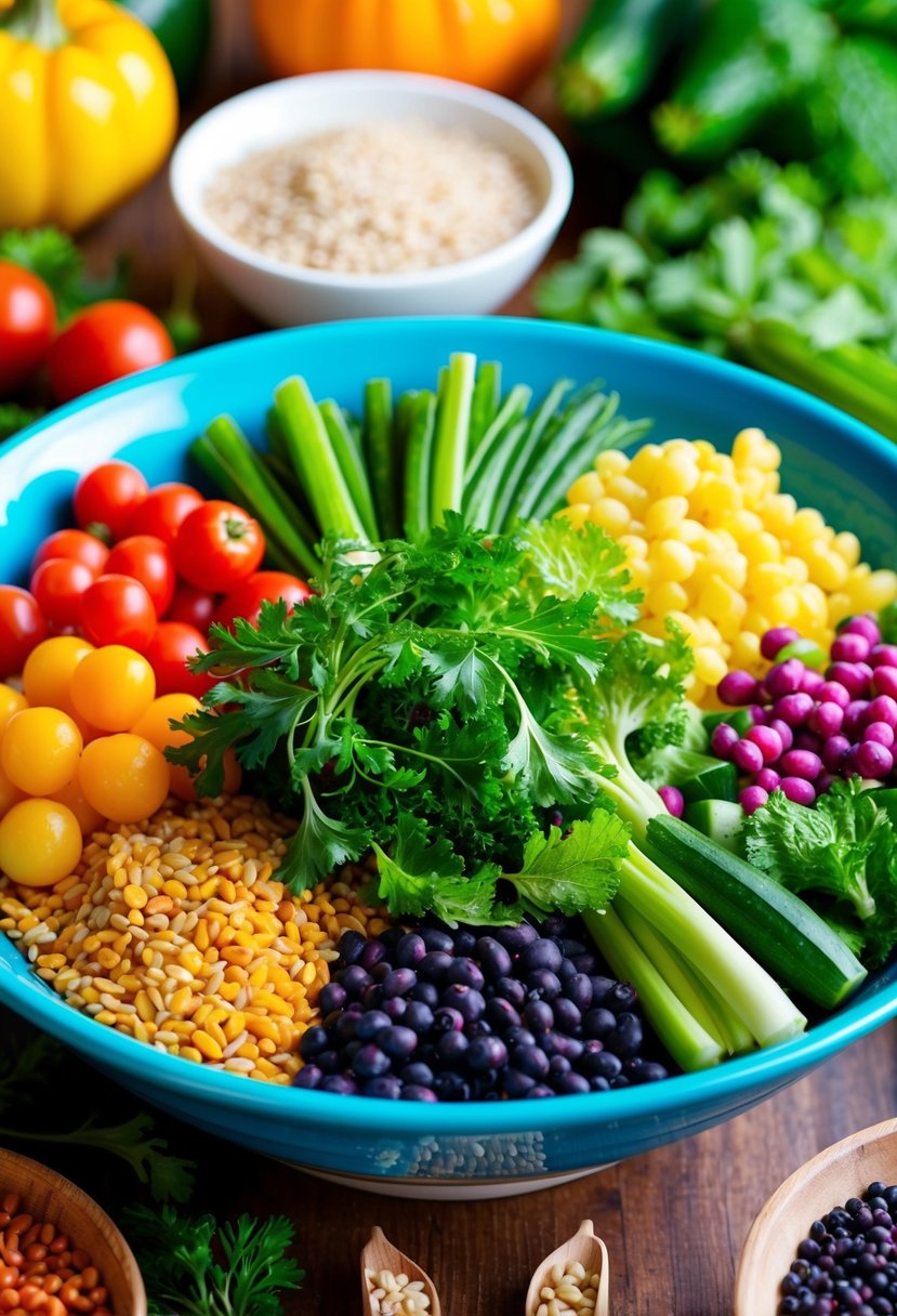 A colorful array of fresh vegetables, grains, and legumes arranged in a vibrant bowl