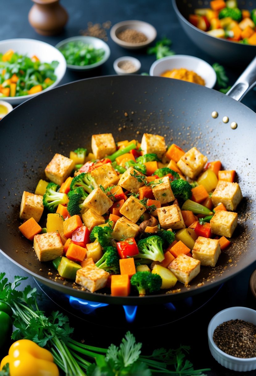 A sizzling wok filled with colorful vegetables and cubes of spicy tofu, surrounded by a variety of fresh herbs and seasonings