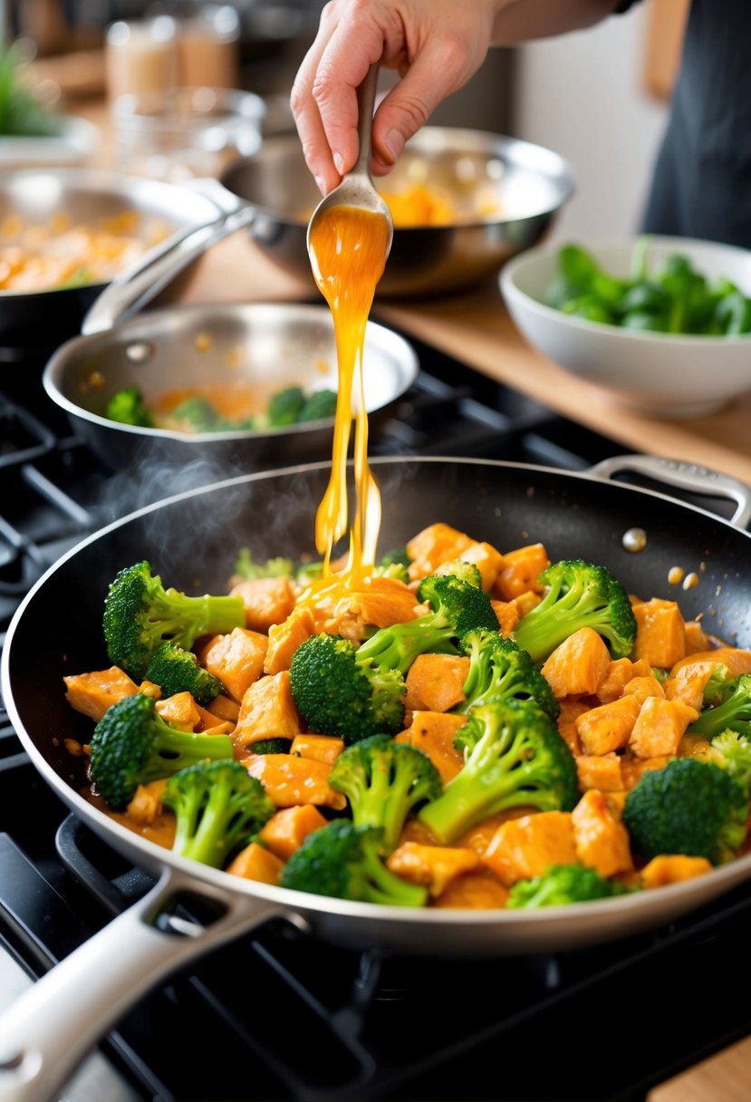 A sizzling skillet with colorful broccoli florets and juicy chunks of chicken being tossed together with a flavorful stir-fry sauce in a bustling kitchen