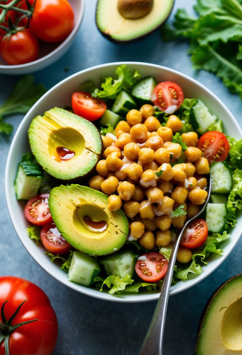 A colorful bowl of avocado and chickpea salad surrounded by fresh ingredients like tomatoes, cucumbers, and lettuce, with a drizzle of dressing on top