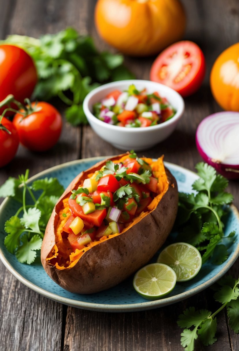 A baked sweet potato topped with vibrant salsa sits on a rustic wooden table, surrounded by fresh ingredients like tomatoes, onions, and cilantro