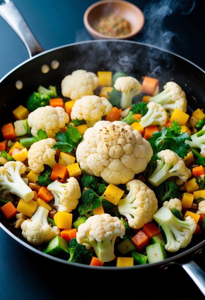 A colorful array of fresh cauliflower, mixed vegetables, and seasonings sizzling in a hot skillet, emitting a delicious aroma