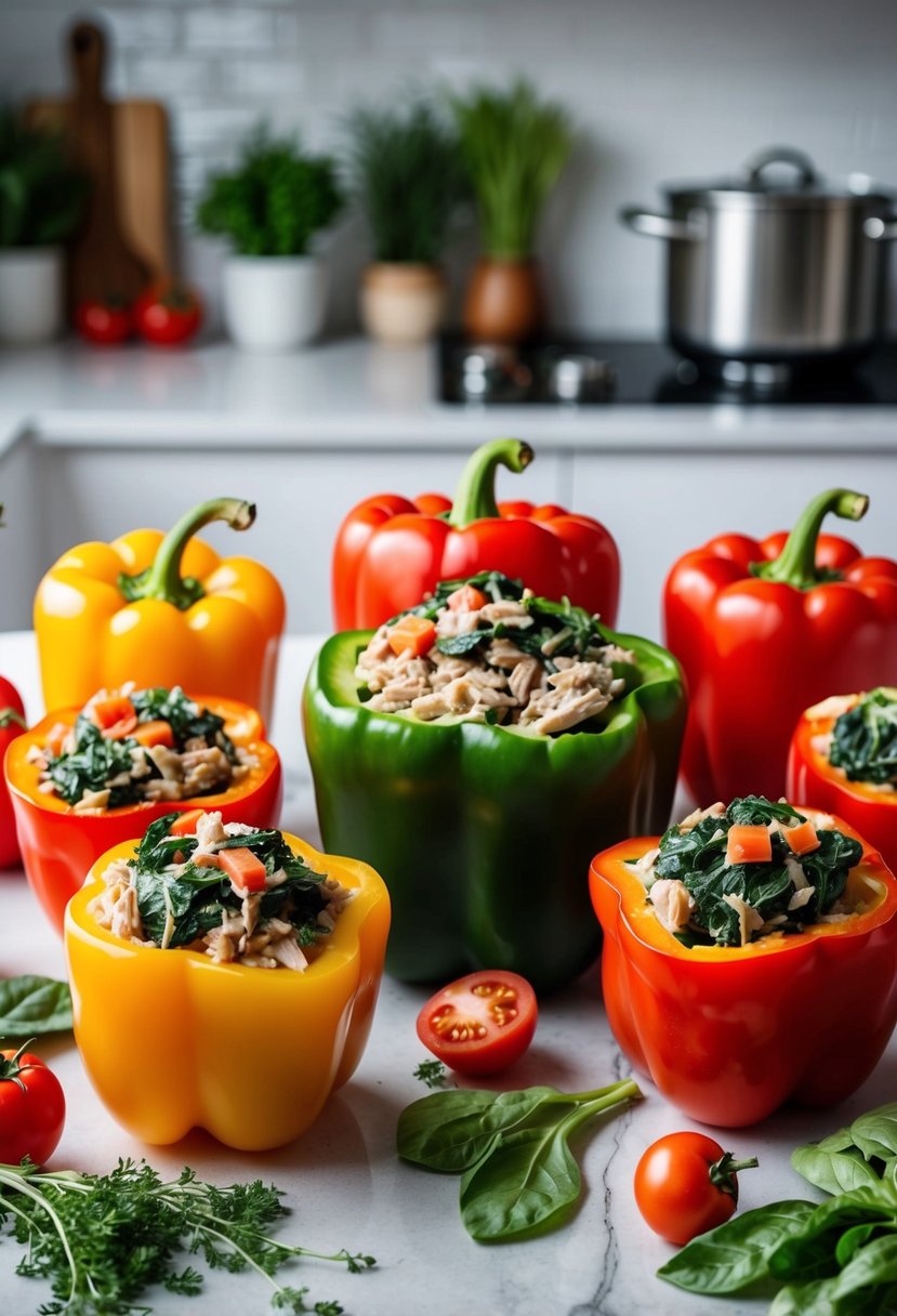 A colorful array of bell peppers filled with turkey and spinach, surrounded by fresh ingredients like tomatoes and herbs on a clean kitchen counter