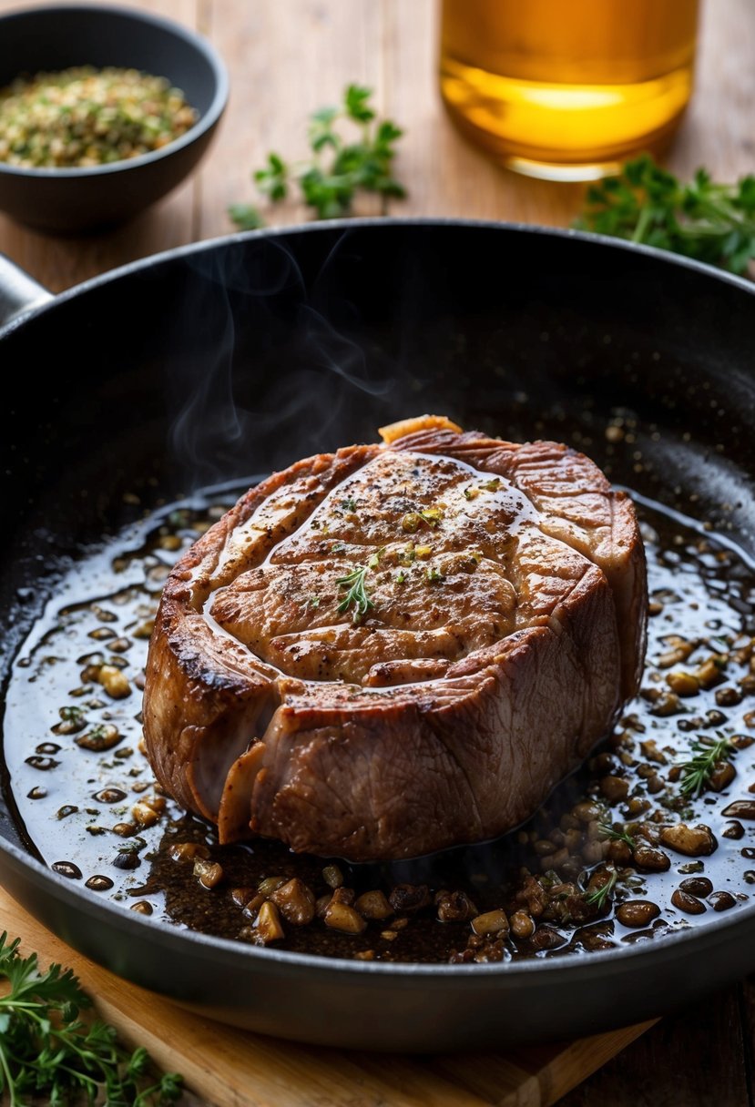 A sizzling eye of round steak being seared in a hot skillet with aromatic herbs and spices surrounding it