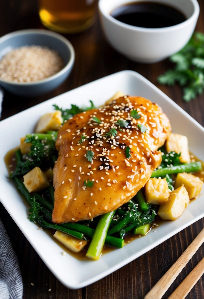 A sizzling honey soy glazed chicken breast on a bed of steamed vegetables, garnished with sesame seeds and fresh herbs