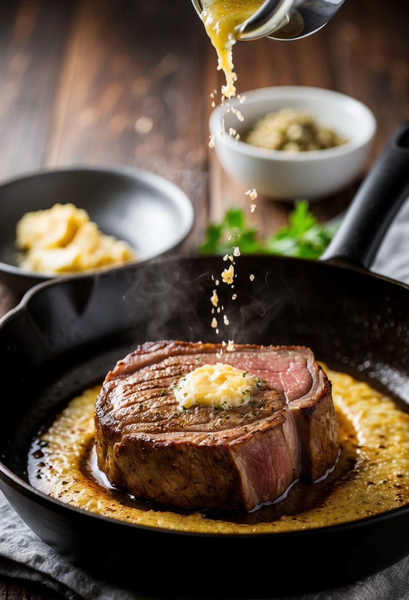 A sizzling eye of round steak searing in a skillet with bubbling garlic butter, emitting a mouthwatering aroma