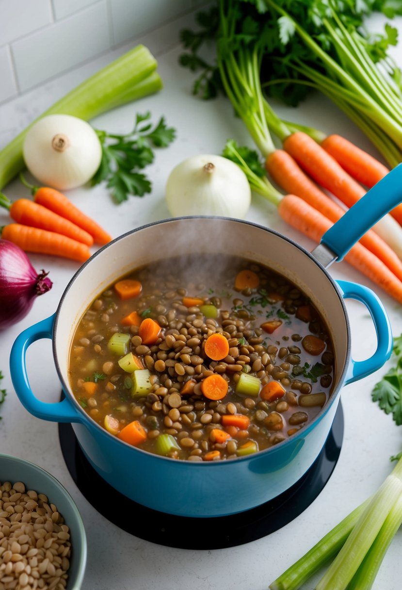 A simmering pot of lentil and vegetable soup surrounded by fresh ingredients like carrots, celery, and onions on a clean kitchen counter