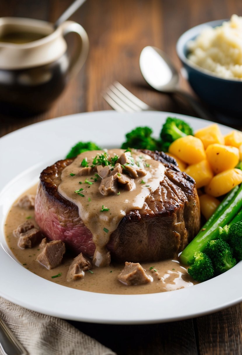 A sizzling eye of round steak smothered in classic beef onion gravy, surrounded by steamed vegetables and a side of mashed potatoes