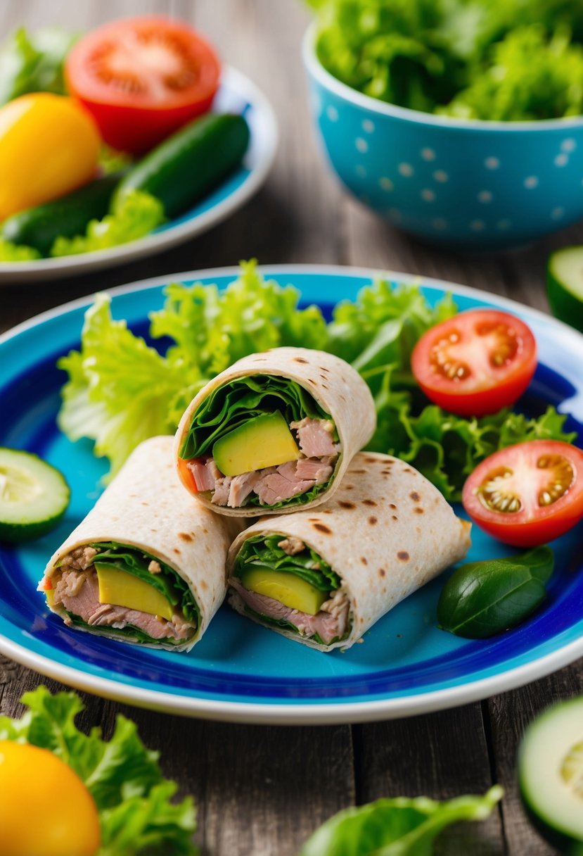 A colorful plate with a tuna and avocado wrap, surrounded by fresh ingredients like lettuce, tomatoes, and cucumbers