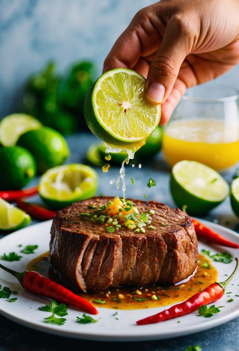 A vibrant lime being squeezed over a marinated eye of round steak with scattered chili peppers and herbs