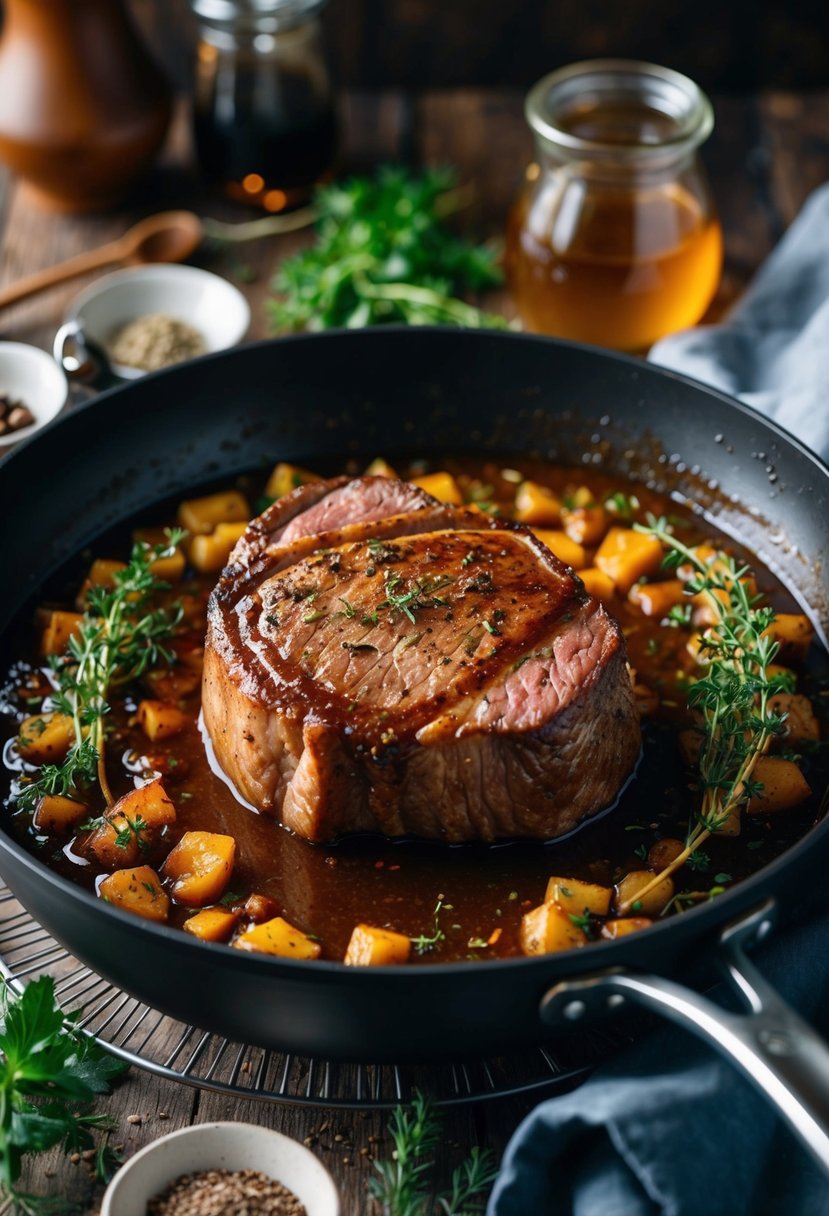 A sizzling eye of round steak simmers in a rich honey balsamic sauce, surrounded by aromatic herbs and spices in a rustic kitchen setting