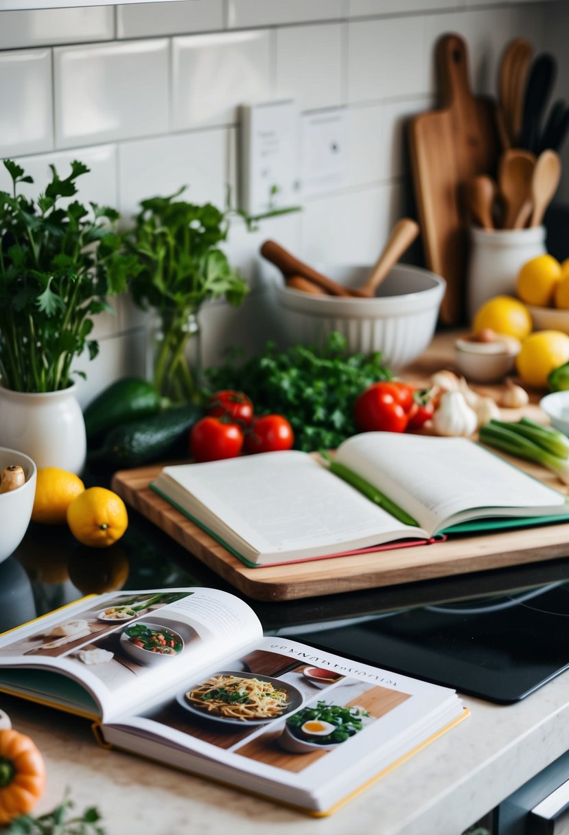 A cluttered kitchen counter with fresh ingredients, a cutting board, and a cookbook open to a quick recipe