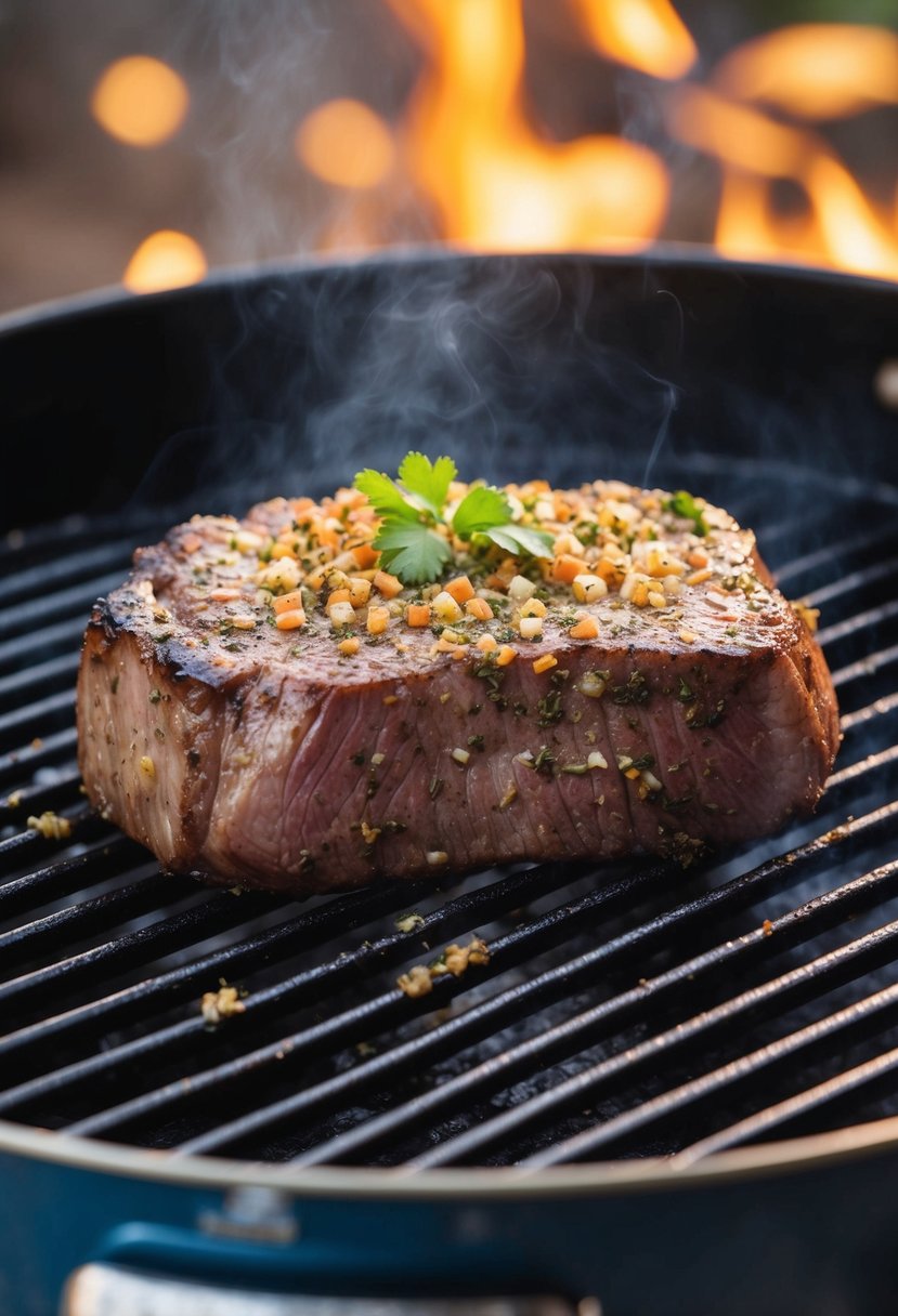 A sizzling eye of round steak seasoned with cumin and coriander on a hot grill